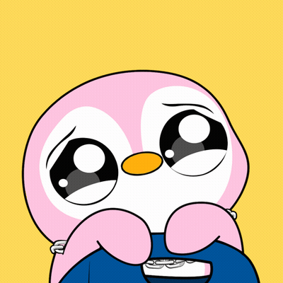 A Cartoon Of A Pink Penguin With A Sad Look On Its Face GIF