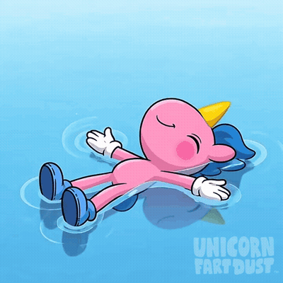 A Cartoon Of A Pink Unicorn Floating On Top Of A Body Of Water With The Words Unicorn Fart Dust Below It GIF