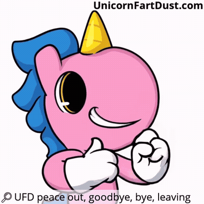 A Cartoon Of A Pink Unicorn Giving A Peace Sign With Ufd Peace Out Goodbye Bye Leaving Written Below It GIF
