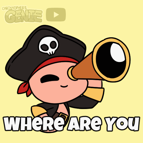 A Cartoon Of A Pirate Looking Through A Telescope With The Words " Where Are You " Below Him GIF