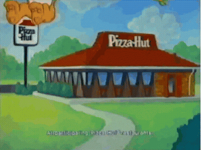 A Cartoon Of A Pizza Hut Restaurant With A Sign That Says Pizza Hut GIF