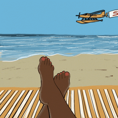 A Cartoon Of A Plane Flying Over A Beach With A Banner Reading Summer GIF