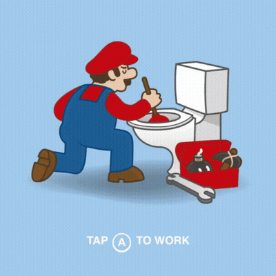 A Cartoon Of A Plumber Using A Plunger On A Toilet GIF