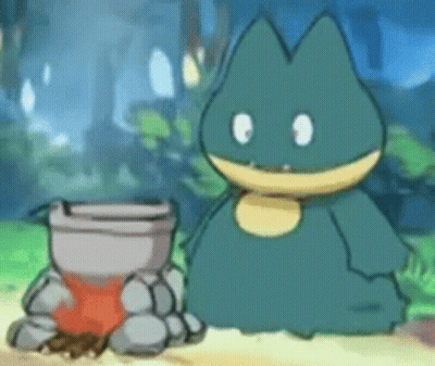 A Cartoon Of A Pokemon Sitting Next To A Pot Of Food . GIF