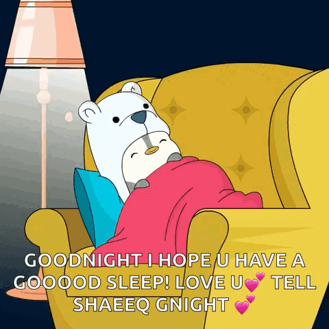 A Cartoon Of A Polar Bear And Penguin Sleeping On A Couch GIF