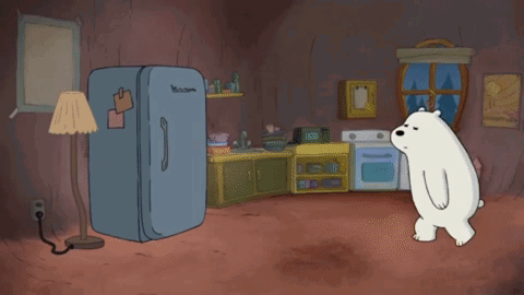 A Cartoon Of A Polar Bear Standing Next To An Open Refrigerator With The Words " Good Night " Written Below It GIF