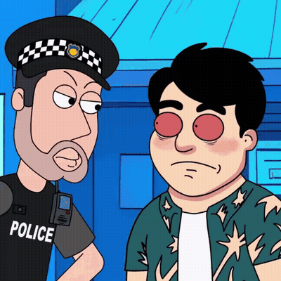 A Cartoon Of A Police Officer And A Man With Red Eyes GIF