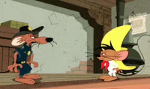 A Cartoon Of A Police Officer And Speedy Gonzales Talking To Each Other GIF