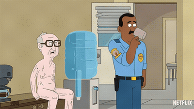 A Cartoon Of A Police Officer Drinking From A Cup Next To An Old Man GIF
