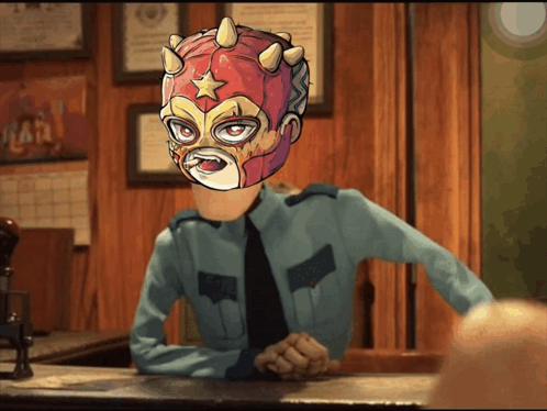 A Cartoon Of A Police Officer With A Mask On His Face GIF
