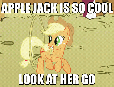 A Cartoon Of A Pony With A Hula Hoop And The Words " Apple Jack Is So Cool Look At Her Go " GIF