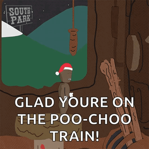 A Cartoon Of A Poo Wearing A Santa Hat With The Words Glad Youre On The Poo-Choo Train GIF