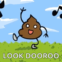 A Cartoon Of A Poop Dancing In A Field With The Words `` Look Dooroo '' Below It . GIF