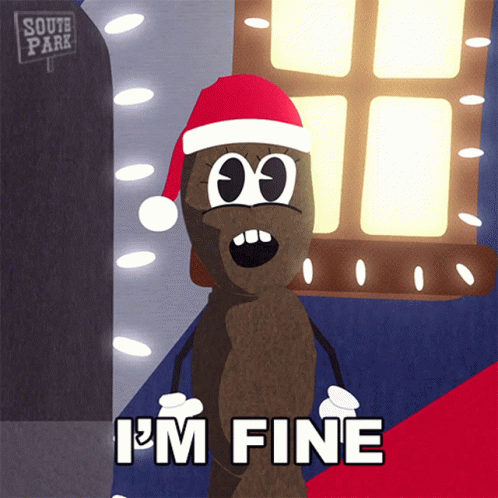 A Cartoon Of A Poop Wearing A Santa Hat And The Words I 'M Fine GIF
