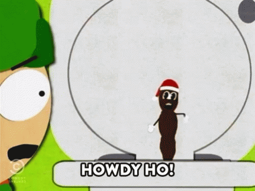 A Cartoon Of A Poop Wearing A Santa Hat Says " Howdy Ho " GIF