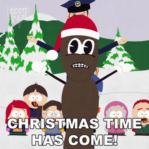 A Cartoon Of A Poop Wearing A Santa Hat With The Words Christmas Time Has Come GIF