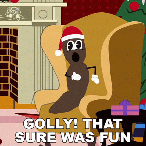 A Cartoon Of A Poop Wearing A Santa Hat With The Words Golly That Sure Was Fun Below It GIF