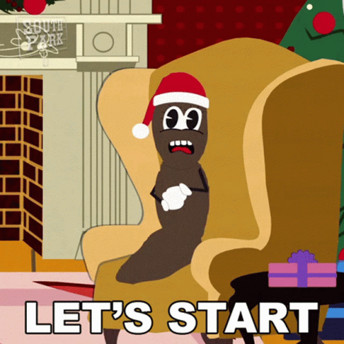 A Cartoon Of A Poop Wearing A Santa Hat With The Words Let 'S Start Below Him GIF