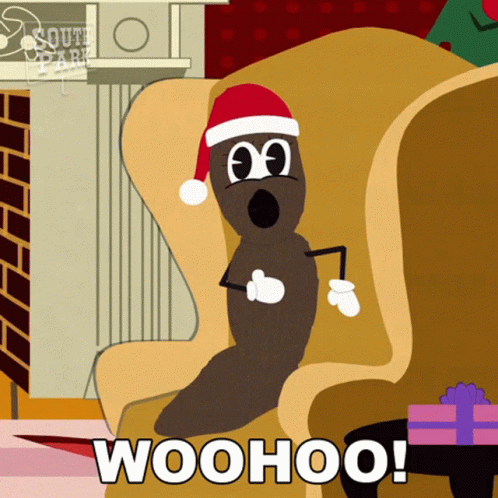 A Cartoon Of A Poop Wearing A Santa Hat With The Words Woohoo Below It GIF