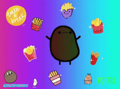 A Cartoon Of A Potato Surrounded By French Fries And The Words " Take A Break " In Yellow GIF