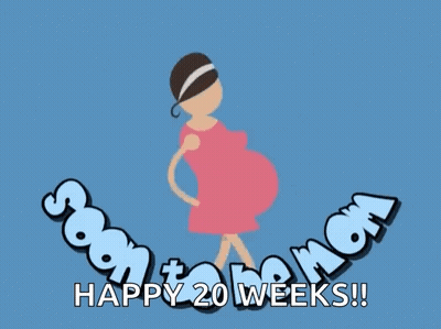 A Cartoon Of A Pregnant Woman With The Words " Happy 20 Weeks " GIF