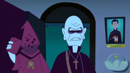 A Cartoon Of A Priest And A Witch Standing Next To Each Other In A Church . GIF