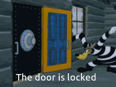 A Cartoon Of A Prisoner Trying To Open A Door With The Words " The Door Is Locked " GIF