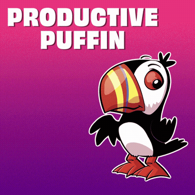 A Cartoon Of A Puffin With The Words " Productive Puffin " Above It GIF