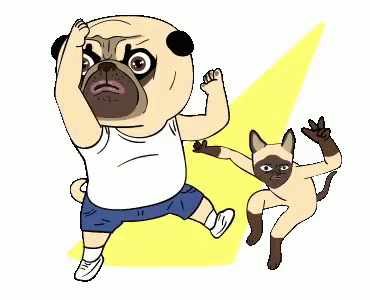 A Cartoon Of A Pug And A Siamese Cat Standing Next To Each Other . GIF