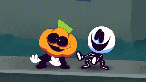 A Cartoon Of A Pumpkin And A Skeleton Dancing Together GIF