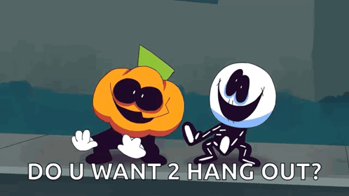 A Cartoon Of A Pumpkin And A Skeleton With The Words " Do U Want 2 Hang Out " GIF