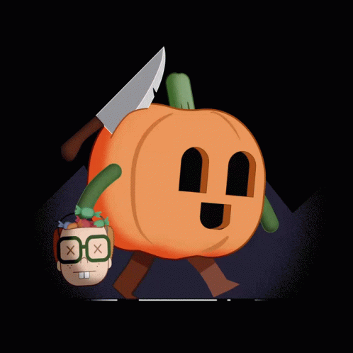 A Cartoon Of A Pumpkin Holding A Knife Over A Person 'S Head GIF