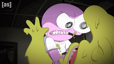 A Cartoon Of A Purple And Yellow Monster With The Letters A And S On It GIF