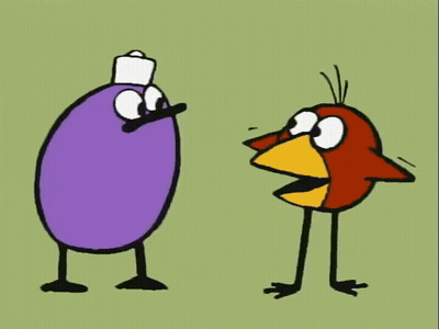 A Cartoon Of A Purple Bottle And A Red Bird Talking To Each Other GIF