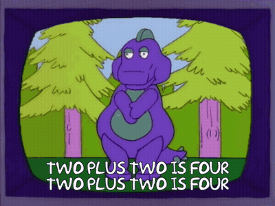 A Cartoon Of A Purple Dinosaur With The Words Two Plus Two Is Four On The Bottom GIF