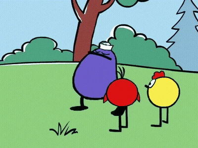 A Cartoon Of A Purple Eggplant A Red Circle And A Yellow Circle Standing In A Grassy Field GIF