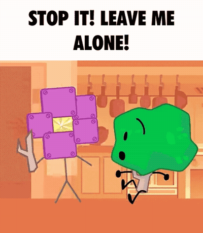 A Cartoon Of A Purple Flower And A Green Object With The Words " Stop It Leave Me Alone " GIF