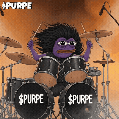 A Cartoon Of A Purple Frog Playing Drums With The Word Purpe On The Drums GIF