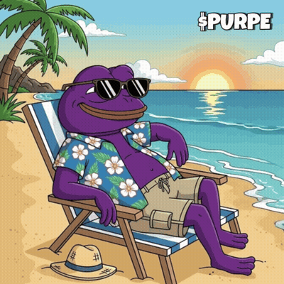 A Cartoon Of A Purple Frog Sitting On A Beach With The Word Purpe On The Bottom GIF