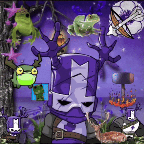 A Cartoon Of A Purple Knight With Frogs And A Deer GIF