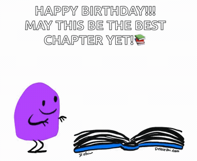 A Cartoon Of A Purple Monster With Arms And Legs Standing Next To An Open Book With The Words Happy Birthday May This Be GIF