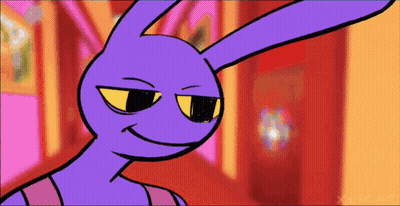 A Cartoon Of A Purple Rabbit With Yellow Eyes GIF