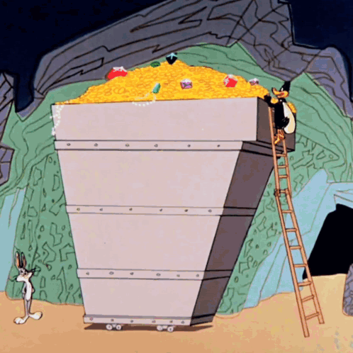 A Cartoon Of A Rabbit And A Duck Standing Next To A Pile Of Gold Coins GIF