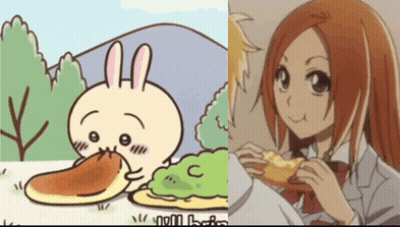 A Cartoon Of A Rabbit Eating A Pancake Next To A Girl Eating A Sandwich GIF