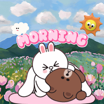 A Cartoon Of A Rabbit Hugging A Teddy Bear With The Word Morning Written Above Them GIF