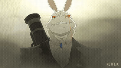 A Cartoon Of A Rabbit In A Suit Holding A Camera With Netflix Written On The Bottom GIF