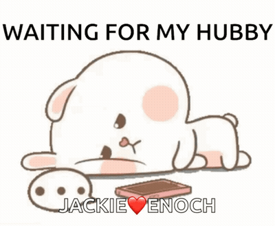 A Cartoon Of A Rabbit Laying Down With A Cell Phone And The Words " Waiting For My Hubby Jackie Enoch " Below It GIF