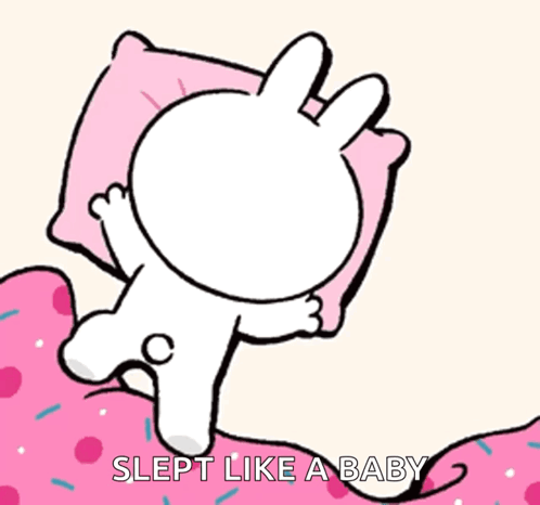 A Cartoon Of A Rabbit Laying Under A Pink Pillow With The Words Slept Like A Baby Below It GIF