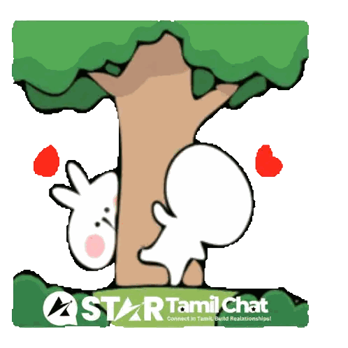A Cartoon Of A Rabbit Peeking Out From Behind A Tree With The Words Star Tamil Chat Below It Sticker