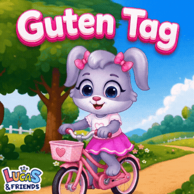 A Cartoon Of A Rabbit Riding A Bike With The Words Guten Tag Written Above It GIF